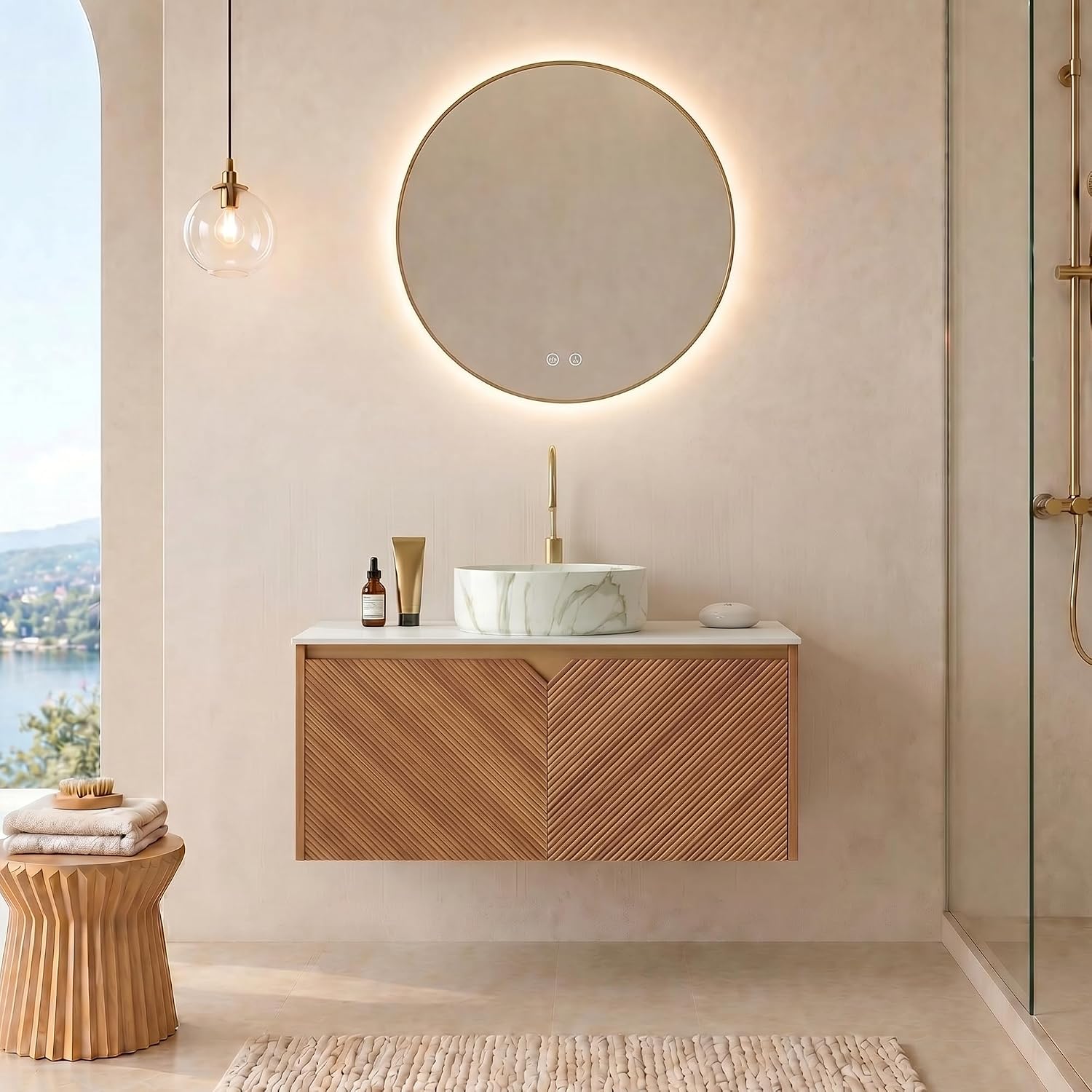 36" Floating Bathroom Vanity w/ Sink, Modern White Oak Vanity