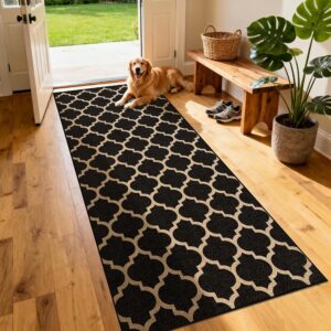Black Boho Jute-Style Rug 2x6ft, Washable Neutral Runner