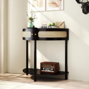 Half Moon Console Table w/ Rattan Doors - 32in Black