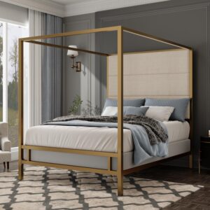 Queen Canopy Bed Frame - Gold Metal 4-Poster w/Linen Headboard