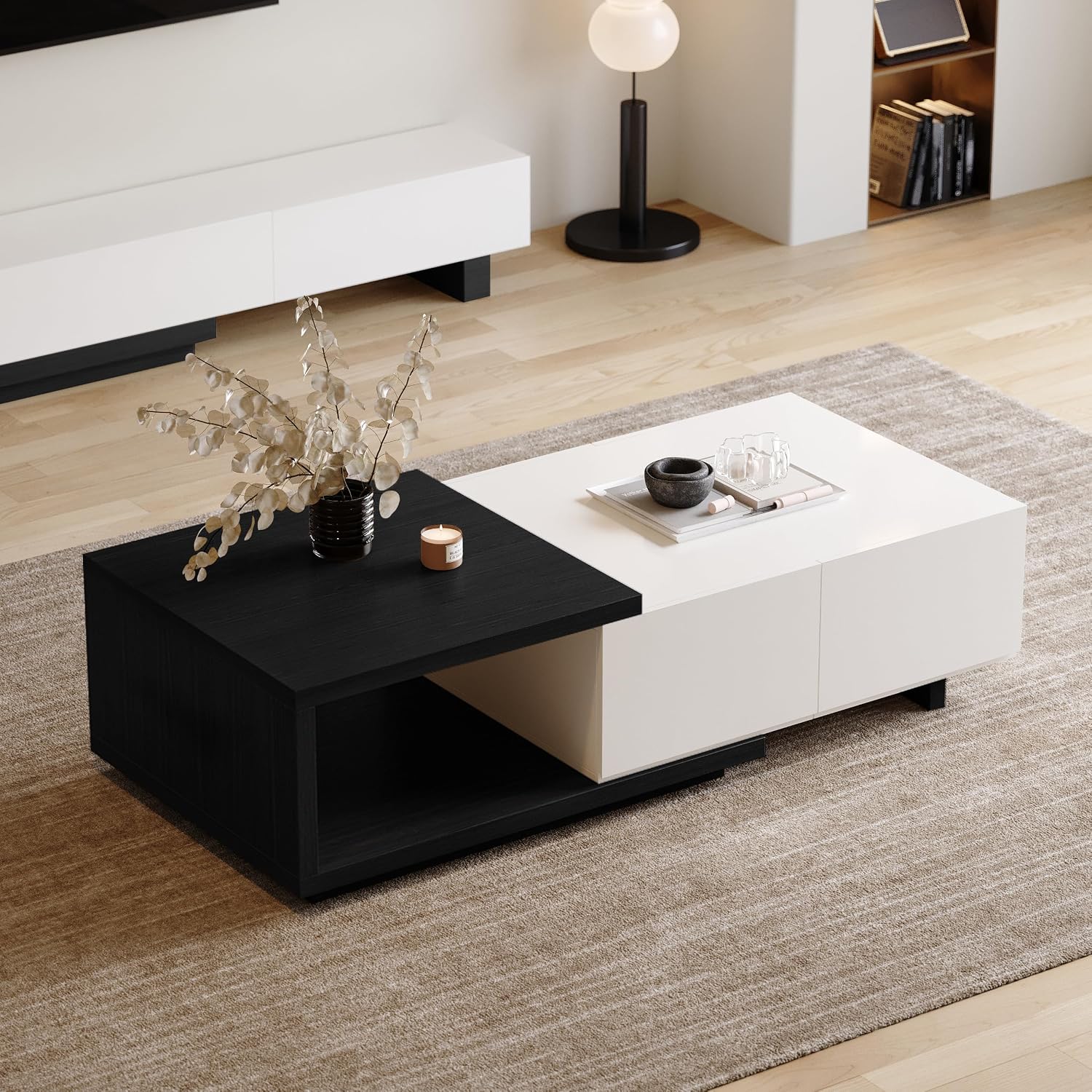 Homary Expandable Coffee Table 47"-69", Walnut, Black/White