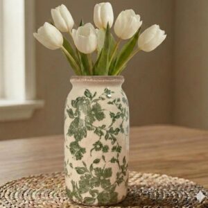 Vintage Green Floral Ceramic Vase, 8in Handmade Crackle Glaze
