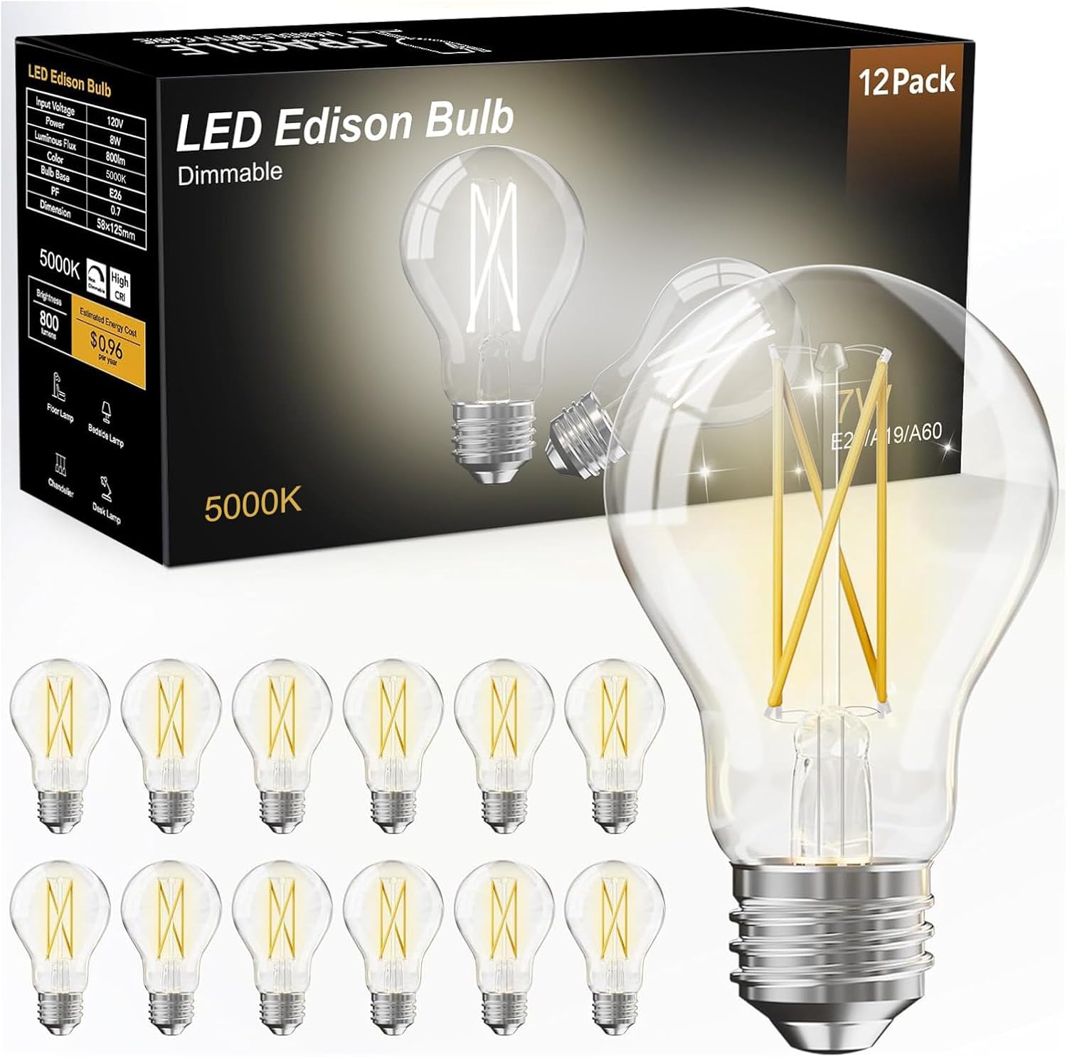 dalattin 12-Pack Vintage LED Edison Bulbs, Dimmable 60W Equiv