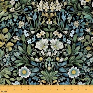 Floral Print Green Blue Flannel Fabric by The Yard - 1 Yard