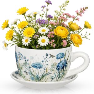 Blue Wildflower Teacup Planter with Saucer - Ceramic Succulent Pot