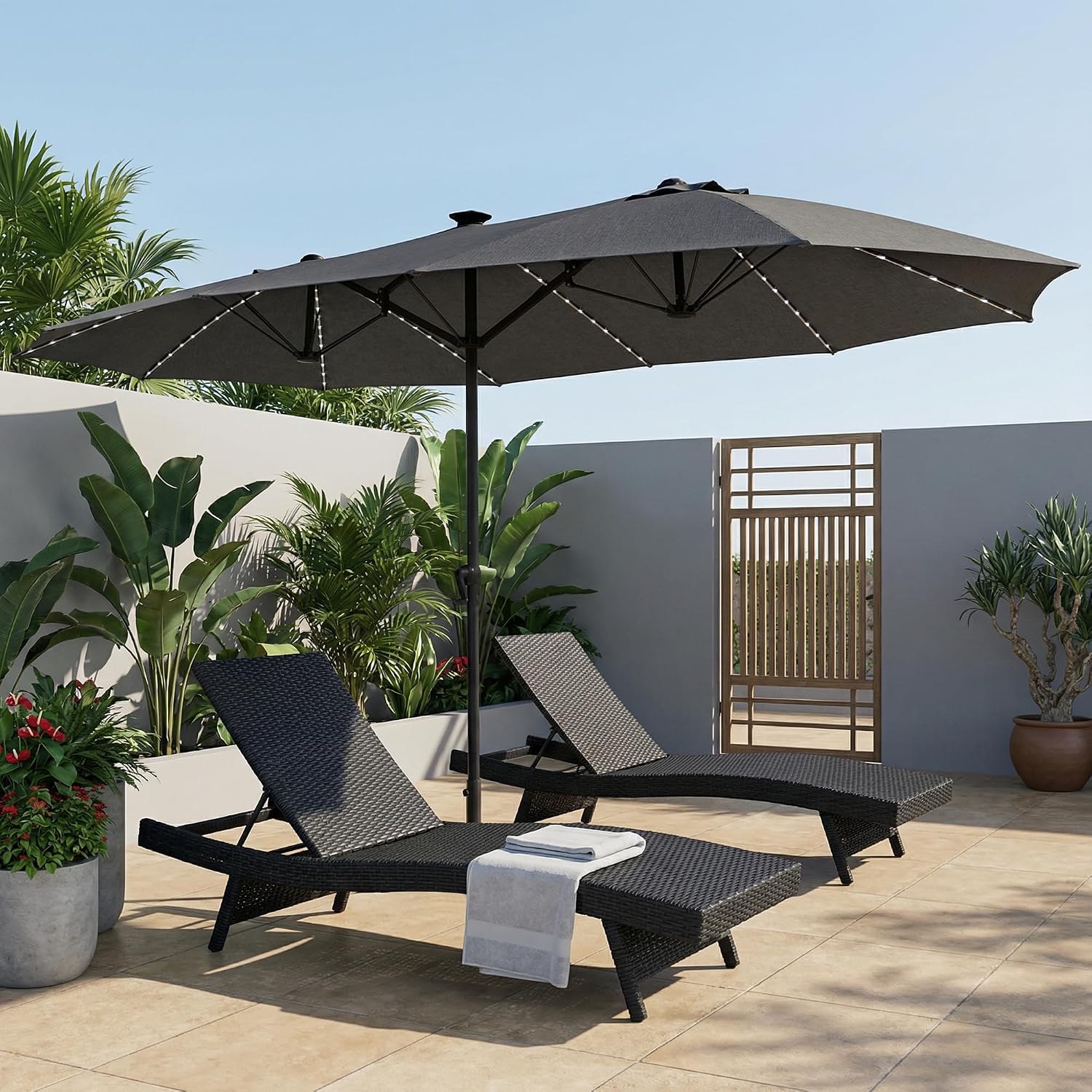 15FT Patio Umbrella w/ LED Lights & USB Charging