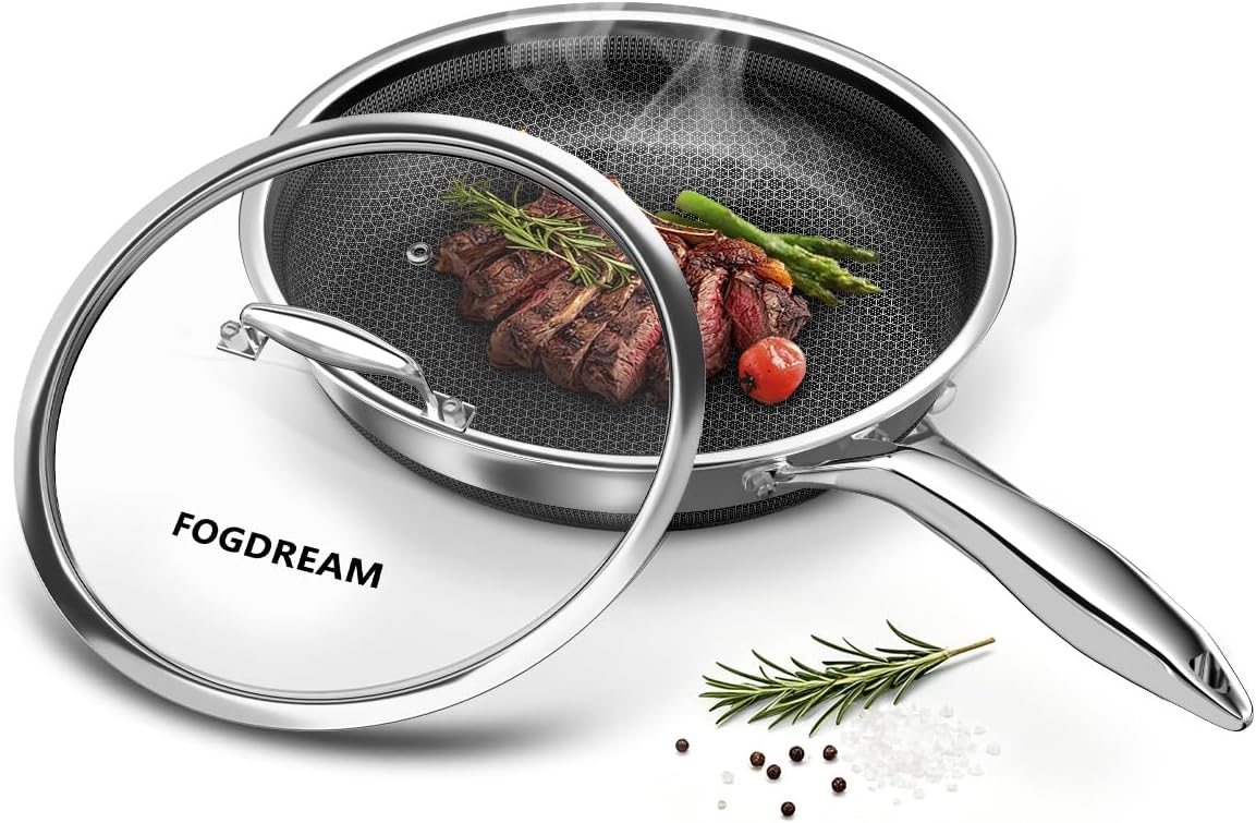 FogDream 10" Nonstick Frying Pan w/ Lid, Honeycomb Steel Skillet