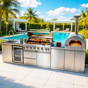 128" Modular Outdoor Kitchen Grill w/ Pizza Oven & Fridge