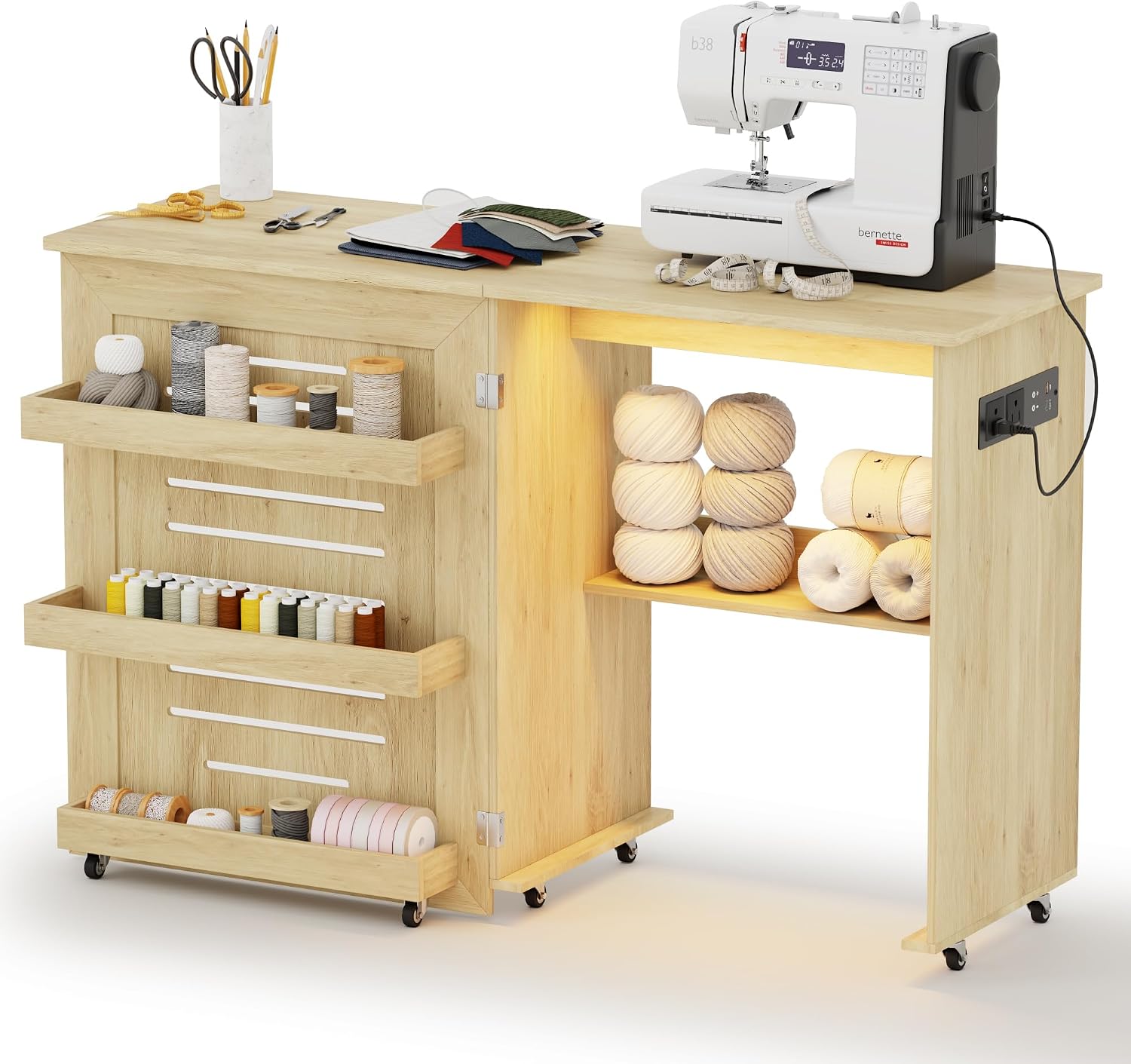 Lvifur Folding Sewing Table w/ Storage & Lights