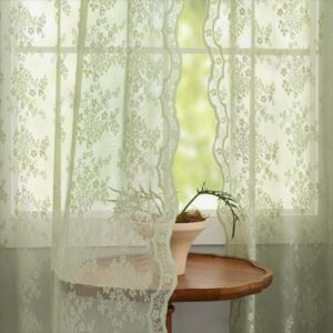 YJ YANJUN Sage Green Lace Curtains 102in - Victorian Floral Pair