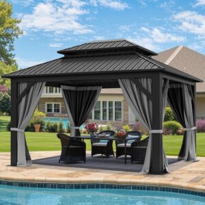 YITAHOME 12x14ft Hardtop Gazebo w/ Netting, Gray