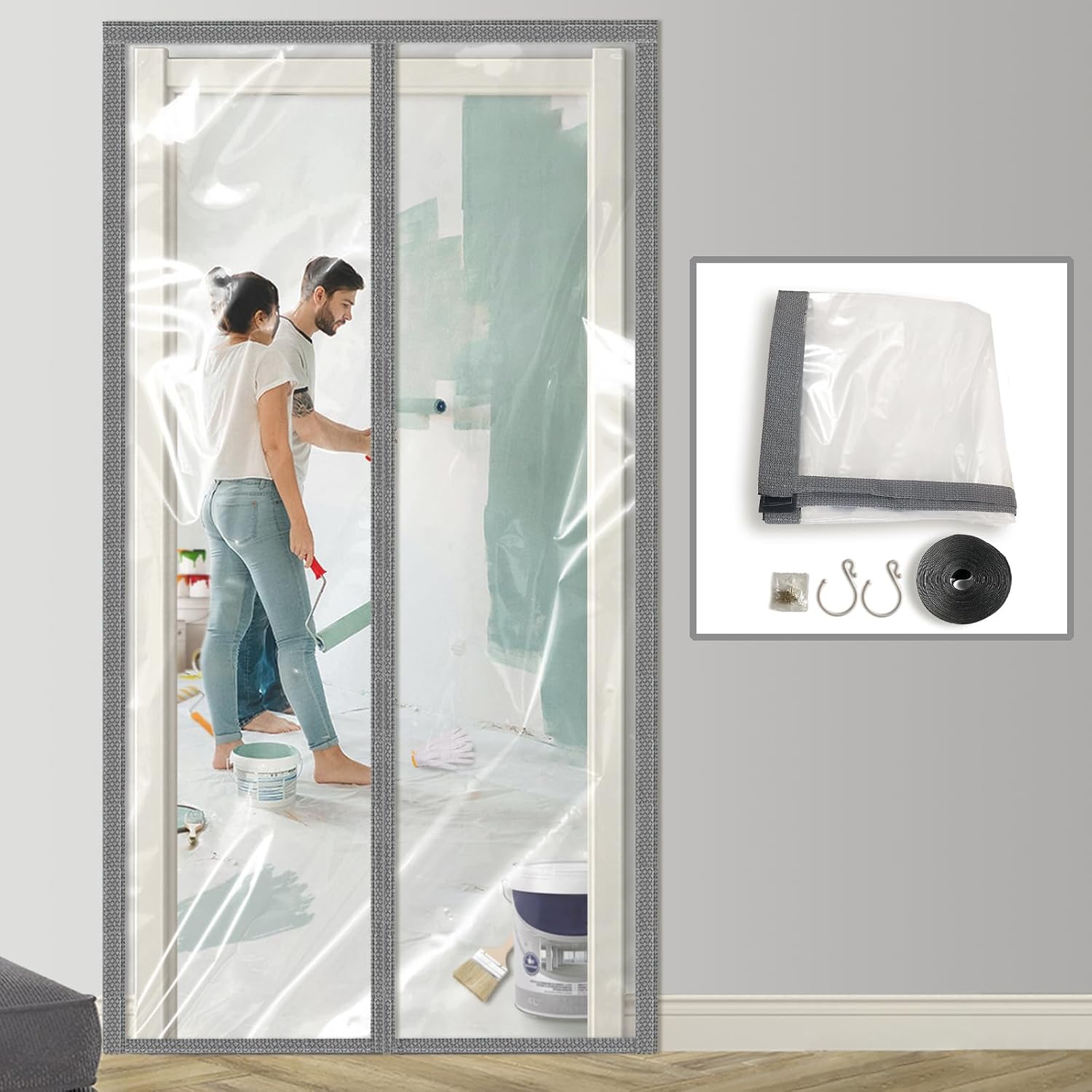 FTTPOOF Plastic Magnetic Dust Barrier Door, 4'W x 7.5'H Gray