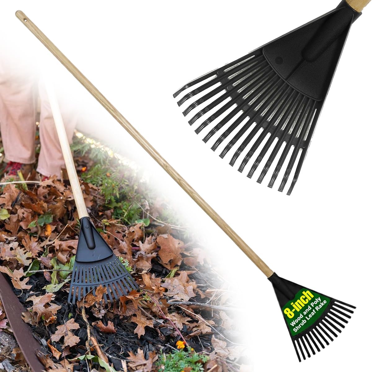 8 Inch Garden Leaf Rake with Wood Handle