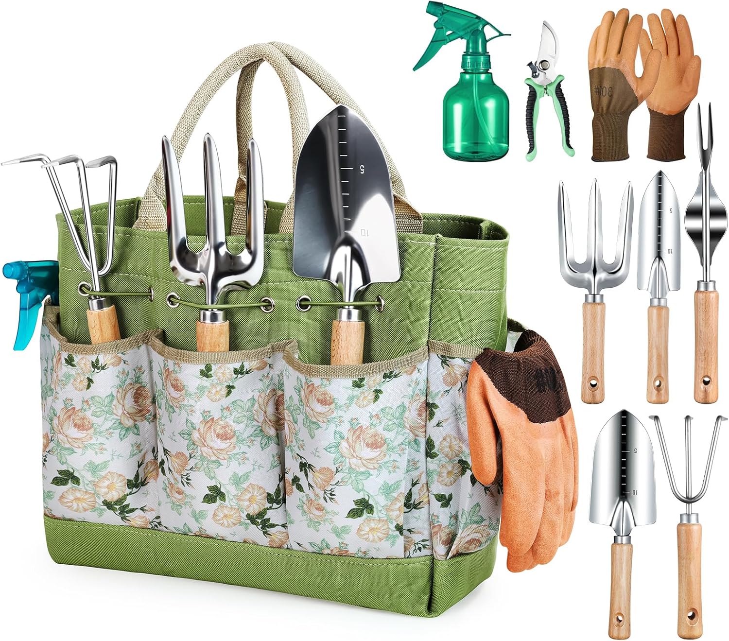 Grenebo 9-Pc Heavy-Duty Garden Tool Set with Organizer