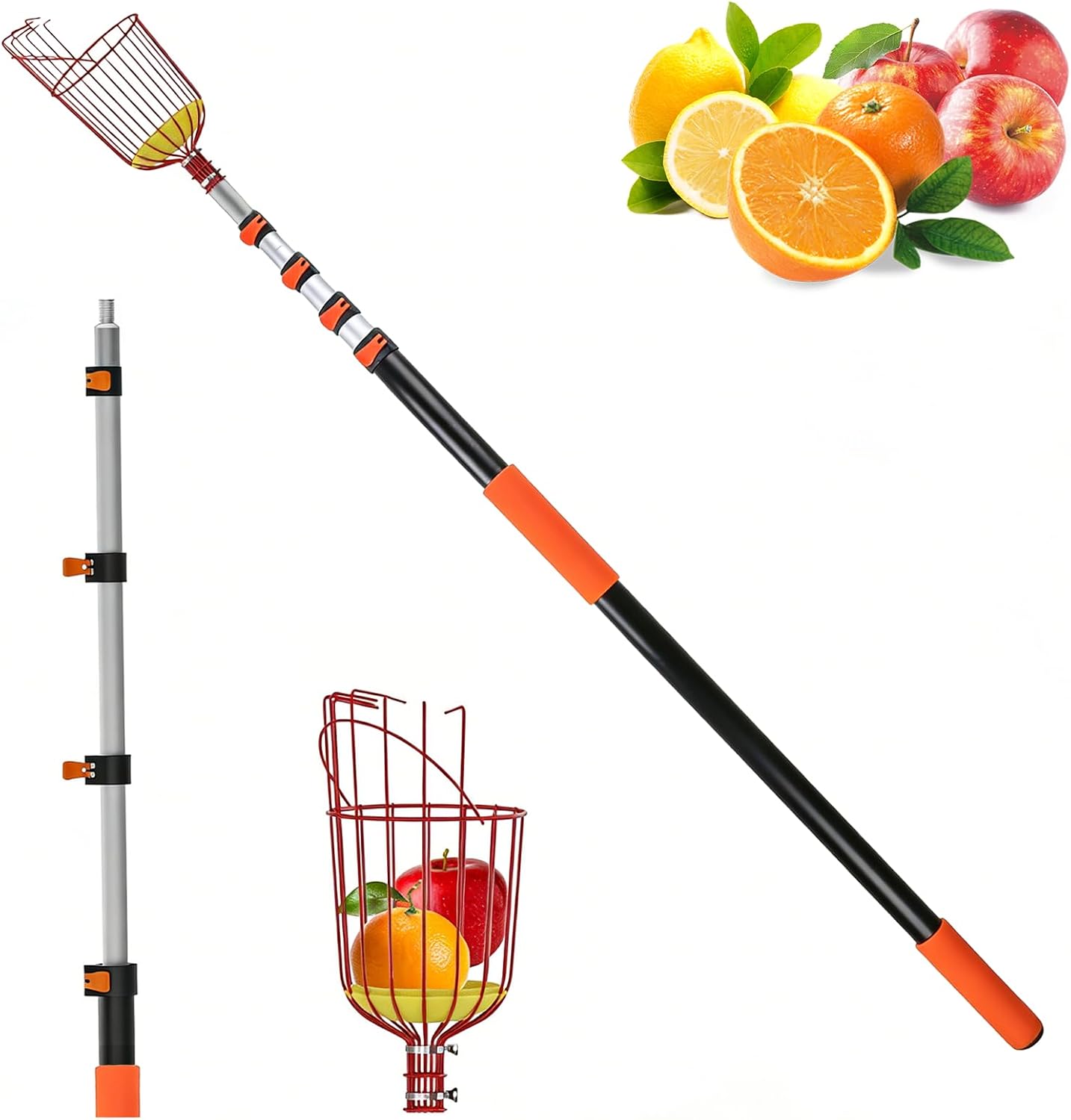 26FT Telescopic Fruit Picker Pole w/ Basket - Aluminum Long Handle