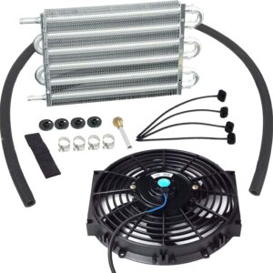 6-Row Aluminum Transmission Cooler w/ 10" Fan Kit - 12V 80W