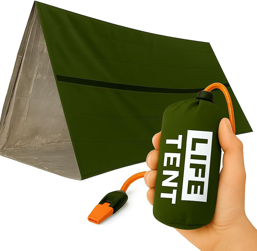 Army Green Survival Tent w/ Whistle & Paracord