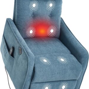 cinkehome Power Lift Recliner Chair w/ Heat/Massage, Blue Chenille